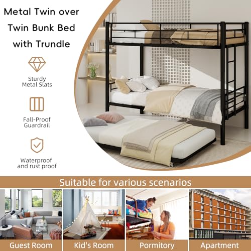 IHUESHO Triple Bunk Bed with Trundle, 400lb Heavy Duty Metal Twin Over Twin Bunkbed, 13.19" Extra High Guardrail, 3-in-1 Convertible to 3 Separate Beds, Kids Teens Adults, No Box Spring (Black) IHUESHO