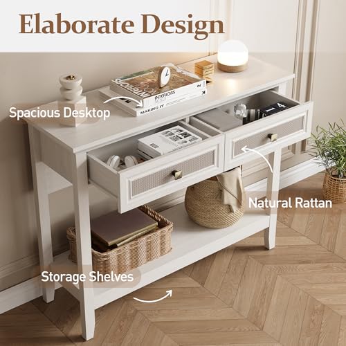 RoyalCraft Console Table with Drawers, Small Rattan Wood Entryway Table with Storage, Boho Narrow Long Sofa Table for Living Room, Hallway, Grayish White RoyalCraft