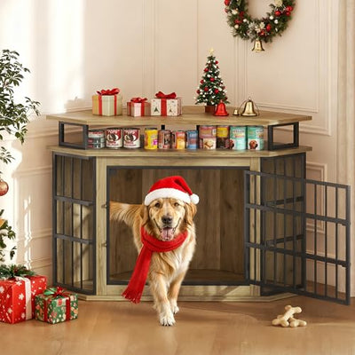 51" Corner Dog Crate Furniture, Wooden Dog Kennel Furniture with 2-Tier Shelves, Decorative Wood Dog House for Small/Medium/Large Dog, Space-Saving Dog Cage for TV Stand(Oak)