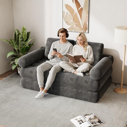 DSNAPE 59" Convertible Sofa Bed, 5-in-1 Folding Loveseat Sleeper Chair with Pillows Removable Armrests, Fold Out Boneless Couch Futon Floor Mattress Lounge for Apartment Dorm Living Room - Grey, Full DSNAPE