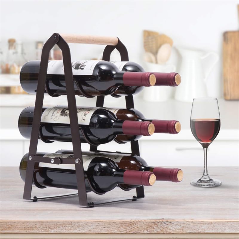 HMKAIJUFUL Wine Rack, 6 Bottle Wooden Countertop Free Standing Shelf,3 Tier Bottle Holder Stand for Home Bar Tabletop, Cabinet Inserts, Kitchen, Wine Cellar Storage No Assembly(Black) HMKAIJUFUL