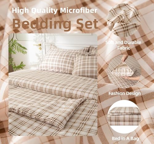 SDY 7PCS Brown Plaid Bedding Set Twin Size, Super Soft Microfiber Gingham Comforter and Sheet Set for Kids Boys Girls 1*Comforter,1* Flat Sheet, 1*Fitted Sheet,2*Pillowcases and 2*PillowcaseShams SDY