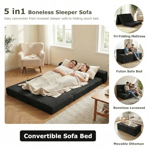 NLDD 5-in-1 Convertible Sofa Bed, Boneless Couch Loveseat Sleeper with Removable Cushions & Washable Cover, Futon Sofa Bed with Handle, Pull Out Couch for Small Spaces, Full Size, Black NLDD