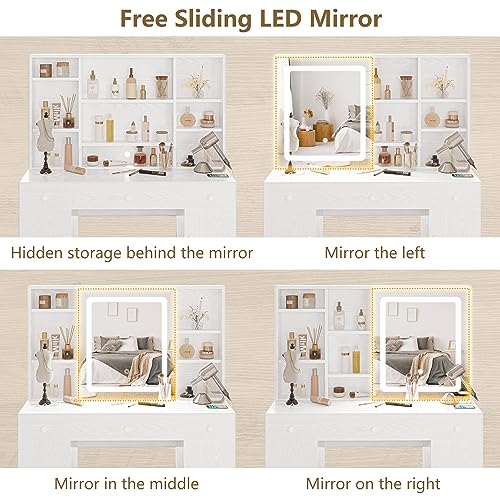 IRONCK Vanity Desk Set with Large LED Lighted Mirror & Power Outlet, 7 Drawers Vanities Dressing Makeup Table with Storage Bench, for Bedroom, Industrial Style White IRONCK