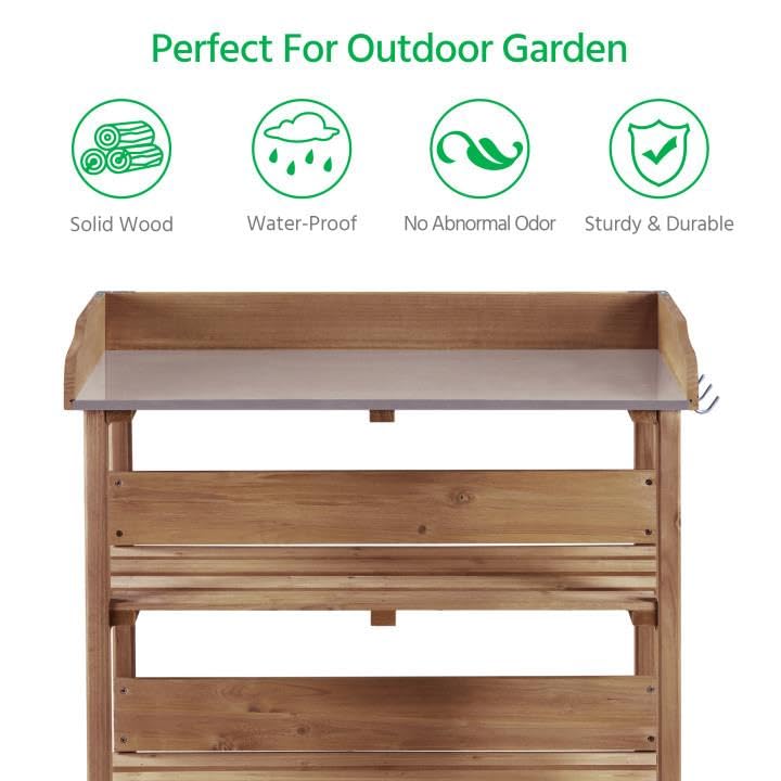 Topeakmart Potting Bench Table w/Metal Tabletop for Garden, Fir Wood Workstation w/3 Tier Shelves, Outdoor Work Bench w/Hook Brown Topeakmart