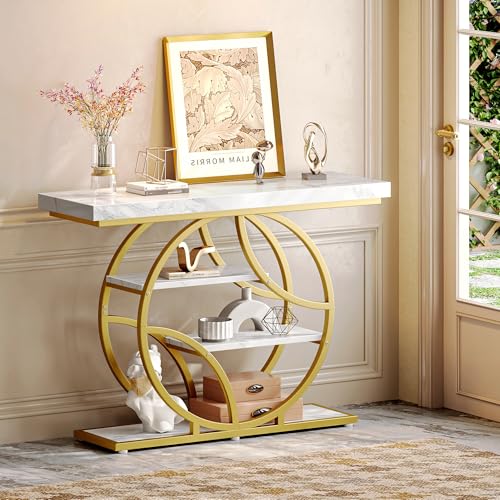 Huuger 41.3 Inch Entryway Table with Marble Top, Modern Console Sofa Table, Accent Table with Shelves, for Entry, Hallway, Entrance, Foyer, O-Shaped Metal Frame, White Marble & Gold Huuger