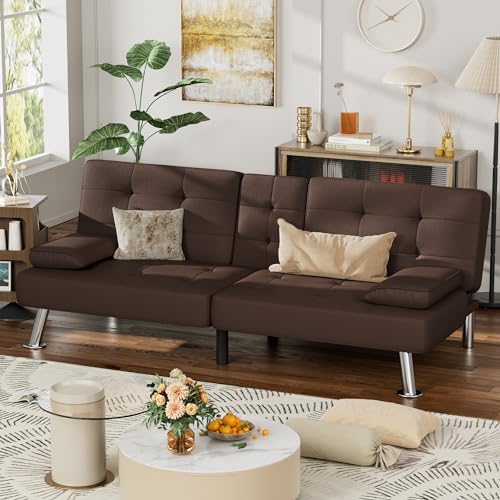 JUMMICO Faux Leather Futon Sofa Bed Futon Couch with Removable Armrests Adjustable Sleeper Sofa Bed with 2 Cup Holders for Living Room (PU Leather, Brown) JUMMICO