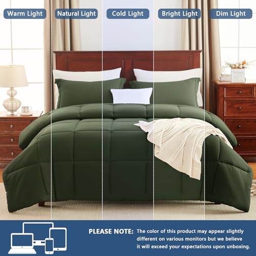 CozyLux Full Size Comforter Sets - Olive Green Comforter Full Size, 3 Pieces Box Stitched Bed Set for All Seasons, Soft Lightweight Bedding Sets with 1 Down Alternative Comforter and 2 Pillow Shams CozyLux