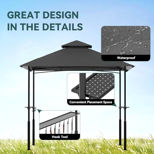 Grill Gazebo 8'x 5' Outdoor Grill Canopy BBQ Gazebo w/Air Vent, Barbecue Gazebo Canopy with 7 Hook Tools for Patio Backyard Barbecue Picnic, Black FUNG YARD
