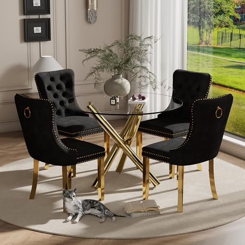 HAIZAO 5 Pieces Gold Round Glass Dining Table Set, Modern Luxury Circle Kitchen Set for 4, 36'' Clear Minimalist Circular Glass Top Dinner Room Set, Black High-end Tufted Chairs, for Small Place HAIZAO