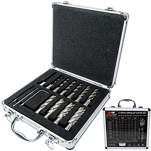 Annular Cutter Set 13 Pcs by S&F STEAD & FAST, Cutting Depth 2" Cutting Diameter 7/16" to 1-1/16" Inch, Mag Drill Bits Kit for Magnetic Drill Press, with 2 Pilot Pins S&F STEAD & FAST