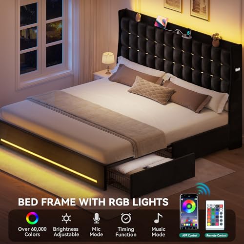 YITAHOME King Size Bed Frame with 4 Drawers and RGB LED Lights, Velvet Upholstered Platform Bed with Charging Station and Storage Headboard, No Box Spring Needed, Easy Assembly, Noise-Free, Black YITAHOME