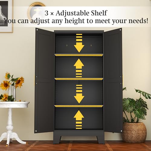RISTERN Black Metal Storage Cabinet, 61" Steel File Cabinet for Home Office, Kitchen Pantry Storage Cabinet with Doors and 3 Adjustable Shelves, Metal Tool Cabinet, for Office, Home, Garage, School RISTERN