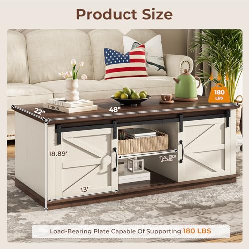 UPOSOJA Farmhouse Coffee Table for Living Room with Storage & 4 Sliding Barn Doors, Adjustable Shelves, Modern Rectangular Rustic Living Room, Meeting Room, Hall Coffee Tables (White+Brown) UPOSOJA
