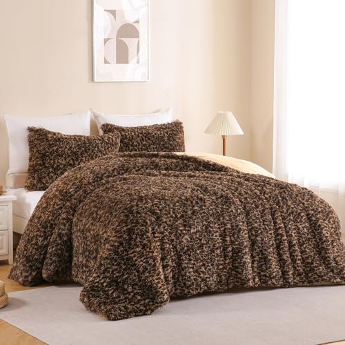 Melo10PM Leopard Print Fluffy Faux Fur Comforter Set King Size, 3 Pieces Brown Cheetah Plush Shaggy Fuzzy Bedding Set, Ultra Soft Luxury Furry Boho Animal Print Winter Warm Comforter for Women Gilrs Melo10PM