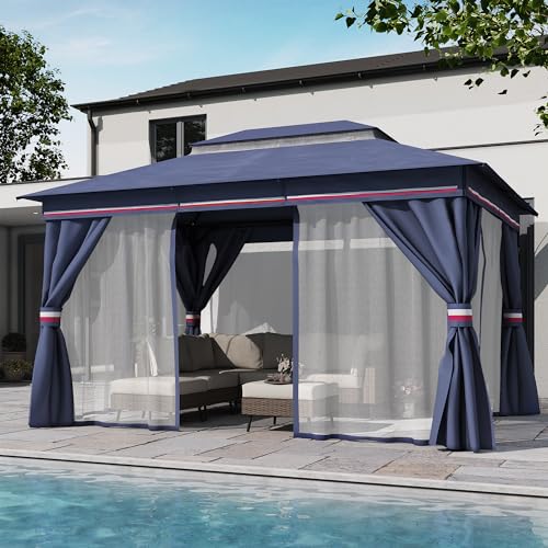 LAUSAINT HOME Outdoor Patio Gazebo 10'x13' with Expansion Bolts, Heavy Duty Gazebos Shelter Party Tent with Double Roofs, Mosquito Nettings and Privacy Screens for Backyard, Garden, Lawn, Elegant Blue LAUSAINT HOME