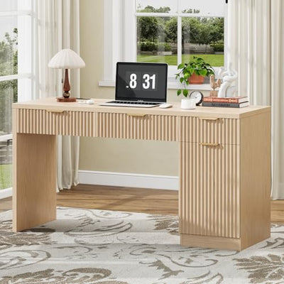 Vabches 60" Executive Desk with Fluted Drawers, Wood Home Office Desk with Storage Cabinet, Charging Station, Fluted Computer Writing Desk for Study, Living Room, Natural Oak.