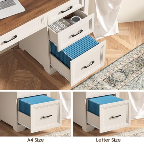 Vabches Farmhouse Executive Desk with 4 Drawers and Storage Cabinet, Rustic Large Home Writing Desk with Hutch, Workstation for Bedroom, White Vabches