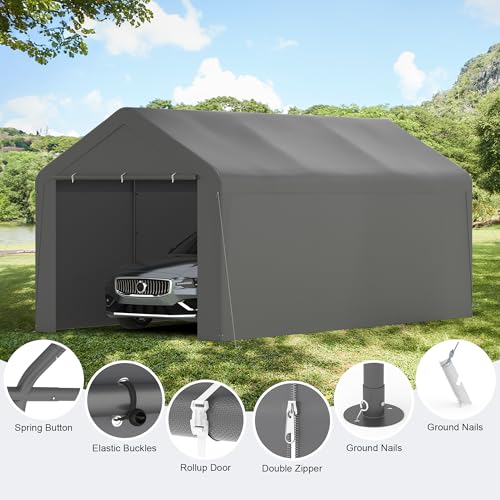 Carport, 10‘ x 20’ Heavy Duty Portable Garage All-Season Car Canopy w/Removable Sidewall & Doors, Carport Canopy Party Tent w/Water-Resistant Tarp for Backyard (Grey, 10‘ x 20’) Phonjoroo