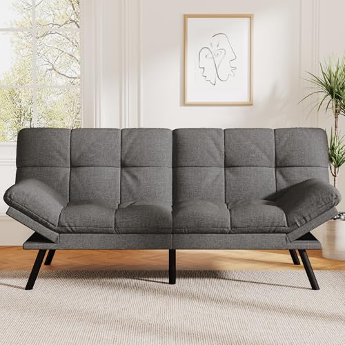 Vipbear Convertible Futon Sofa Bed,Grey Linen Futon Couch with Detachable Cushion,Adjustable Backrest & Armrest,Modern Small Recliner Loveseat Sleeper Couch for Living Room,Office,Apartment Vipbear