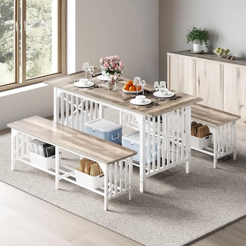 DWVO 3-Piece Dining Table Set for 4-6 People, 63" Dining Room Table with 2 Benches, Industrial Rectangular Dining Room Table Set with Storage for Kitchen, Dining Room, Washed Grey DWVO