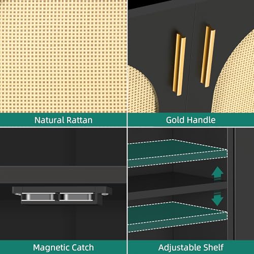 DWVO Buffet Sideboard Cabinet, Rattan Accent Storage Cabinet with Natural Rattan Doors, Modern Coffee Bar Cabinet with Adjustable Shelves 200 lbs Capacity for Kitchen, Living Room and Hallway, Black DWVO