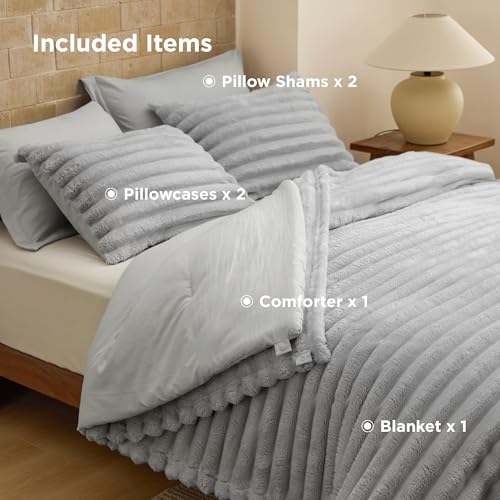 Bedsure Gentlesoft™ 2-in-1 Queen Comforter Set and Detachable Fluffy Blanket, Grey Bedding Set for All Season Use, SnapTech Design for Space Saving (Includes 2 Pillow Shams, 2 Pillowcases) Bedsure