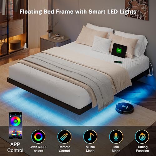 GalnFu Full Size Floating Bed Frame with LED Lights and Charging Station, Metal Platform Bed Frame with Heavy Duty Steel Slats Support, Noise-Free, No Box Spring Needed, Easy Assembly GalnFu