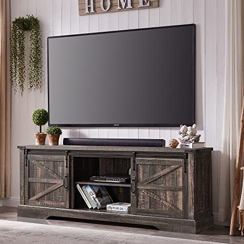 OKD Farmhouse TV Stand for 75 Inch TV with Sliding Barn Door, Rustic Wood Entertainment Center Large Media Console Cabinet Long Television Stands for 70 Inch TVs, Dark Rustic Oak OKD
