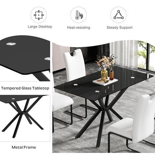 HAIZAO 5 Pieces Modern Luxury Glass Dining Set, Minimalist Rectangle Dinner Room Set for 4, 47'' Black Glass Top Kitchen Table Set with Black Tufted Chairs, for Small Apartment Home HAIZAO