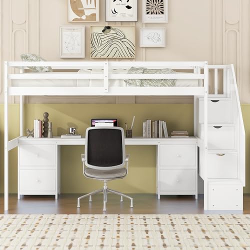 Harper & Bright Designs Twin Size Loft Bed with Stairs and Desks, Wood Loft Bed Frame with Storage Drawers, White Harper & Bright Designs