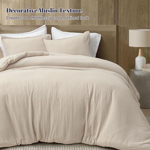 PHF Cotton Muslin Comforter Set Queen – 100% Cotton Cover, Ultra Soft & Breathable, 3PCS Lightweight All-Season Bedding with Polyester Fill, 1 Comforter 90"x90" & 2 Pillow Shams 20"x26", Natural PHF