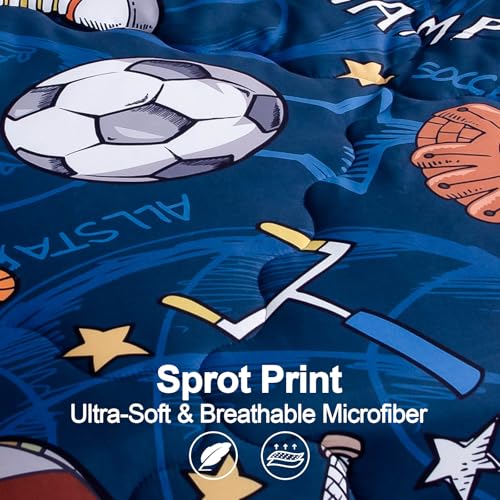 Wajade Sports Comforter Set - 7 Piece Queen Bedding with 3D Soccer, Basketball, Baseball, Football Design for Kids Wajade