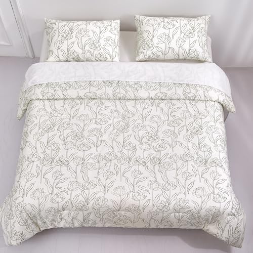 Arianaut Cotton Printed Comforter Set – Soft & Breathable Bedding Quilt Set with Microfiber Fill – Includes 1 Comforter & 2 Pillowcases – Lightweight & All-Season (White Printed, Queen) Arianaut