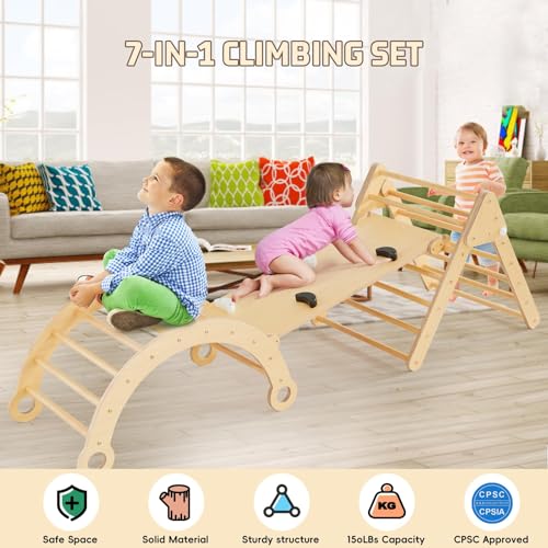 Asweets Pikler Triangle Set, 5 in 1 Foldable Montessori Climbing Set with Ramp, Baby Climbing Toys for Indoor Playground, Jungle Gym for Kids with Arch Climber, Rocker, Suitable for Toddlers Asweets