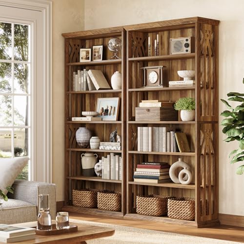 LITTLE TREE 6-Tier Bookcase, 75-Inch Farmhouse Bookshelves and Bookcases, Floor Standing 6 Shelf Wooden Display Storage Shelves Tall Bookcase for Home Office, Living Room, Bed Room, Brown LITTLE TREE