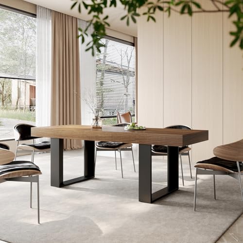 STHOUYN Farmhouse Rustic Extendable Dining Room Table for 8 10, 70.9" (86.6") x 31.5", Rectangular Dinner Table for 6-10, Mid Century Modern Expandable Retractable Wooden Kitchen Table (Brown) STHOUYN
