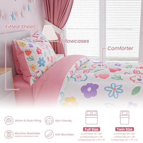 SANDJEST Floral Full Bedding Sets for Girl, Ultra Soft Microfiber Comforter Bed Set with 4-Pieces, Flower Comforters Sets for Kids Children Girl Teen Tween Bedroom Decor SANDJEST