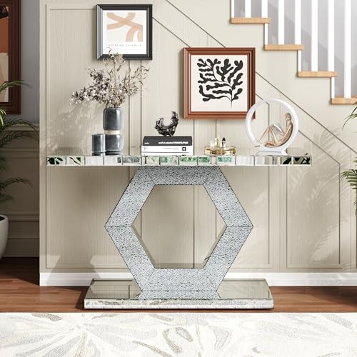 55'' Mirrored Console Table Long Mirrored Sofa Table for Living Room Office, Hexagon Design Crystal Accents, Modern Entryway Console Desk for Hallway Entrance, 55''x14.2'' Glass Top Henf