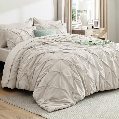 Bedsure Queen Comforter Set Linen - Bed in a Bag Queen Size Bedding 7 Pieces, GentleSoft™ Pintuck Bed Set Gift for Family, Pinch Pleat All Season Comforter with Sheets, Pillowcases & Shams Bedsure