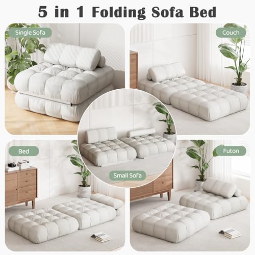 DSNAPE 3-in-1 Folding Sofa Bed, 35.4" Convertible Sleeper Chair Bed with Pillow Back Support, Portable Pull Out Velvet Futon Lounge Couch, Comfy Floor Mattress for Living Room Bedroom - White, Single DSNAPE