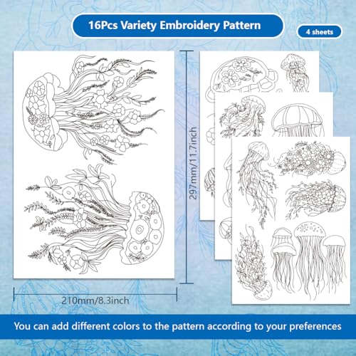 BENECREAT 4 Sheets 16 Pcs Jellyfish Water Soluble Embroidery Pattern, Stick and Stitch Embroidery Paper Wash Away Designs, Embroidery Starter for Beginners DIY Craft, Sewing Embroidery