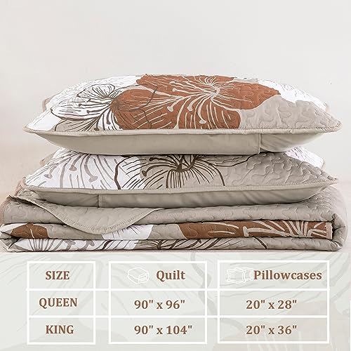 DJY 3 Pieces Quilt Set King Taupe Floral Pattern Quilt Coverlet Set Boho Floral Bedspread with 2 Pillow Shams Elegant Flower Bedding Quilt Set for All Season (Brown, 104"x 90") DJY