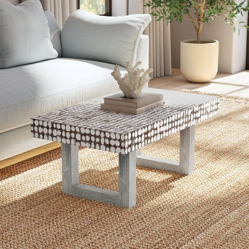 East at Main White Coffee Table – Handmade Accent Table with Coconut Shell Inlay, 40" Rectangular Wood Table for Living Room, Coastal Farmhouse or Boho Decor East at Main