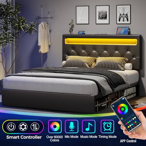 Rolanstar Queen Size Bed Frame with Charging Station, LED Bed with Under Bed Storage, Adjustable Headboard 38.9/40.8 Inches, No Box Spring Needed, Noise Free, Easy Assembly, Black Rolanstar