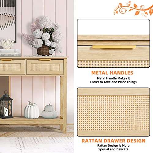 LAZZO Rattan Console Table Boho Entryway Table Narrow Long Sofa Table Hallway Foyer Table Behind Couch Table with 3 Drawers and Open Storage Shelf for Living Room and Corridor Natural Wood LAZZO