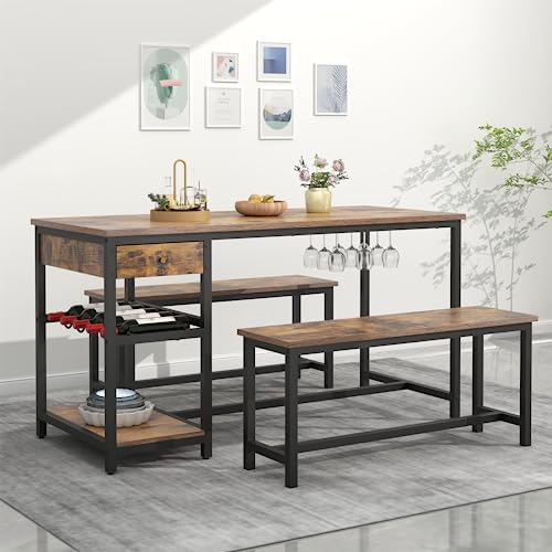 Dining Table Set for 4-6 People, 54.7" Kitchen Dinner Table with 2 Bench, Dining Room Tables Set with Storage Drawer & Shelf, 3-Piece Breakfast Nook Tables with Wine Rack &Glass Holder (Rustic) Gyfimoie