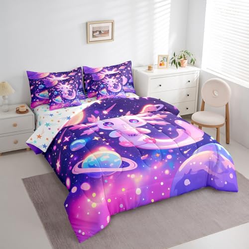 Feelyou Kids Cute Axolotl Comforter Set with Sheets Twin Size, Galaxy Planet Space 7 Pieces Bedding Set Boys Girls Cartoon Animal Bed in A Bag Dreamy Starry Teens Bed Set Bedroom Decor 7Pcs Feelyou