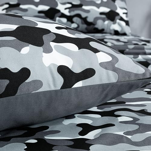 Chezmoi Collection Military Camo 4-Piece Sheet Set - Camouflage Black Gray Printed Microfiber Soft Breathable Deep Pocket Sheets and Pillowcases Set, Full XL Size Chezmoi Collection