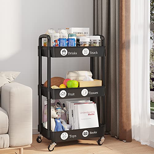 UDEAR 3-Tier Rolling Utility Cart with 12 Category Labels,Multifunctional Comagtable Rolling Shelving with Handle and Lockable Wheels for UDEAR